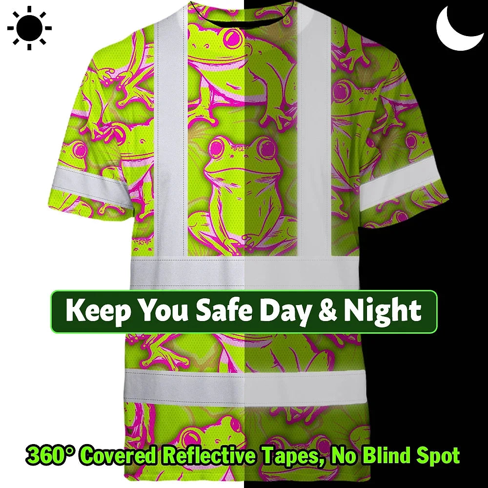 Hi Vis T Shirt Reflective Tapes Pink And Lime Neon Frog Custom Name Safety Workwear For Workers, Truckers, Operators