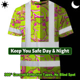 Hi Vis T Shirt Reflective Tapes Pink And Lime Neon Frog Custom Name Safety Workwear For Workers, Truckers, Operators