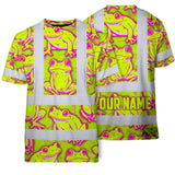 Hi Vis T Shirt Reflective Tapes Pink And Lime Neon Frog Custom Name Safety Workwear For Workers, Truckers, Operators