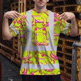 Hi Vis T Shirt Reflective Tapes Pink And Lime Neon Frog Custom Name Safety Workwear For Workers, Truckers, Operators