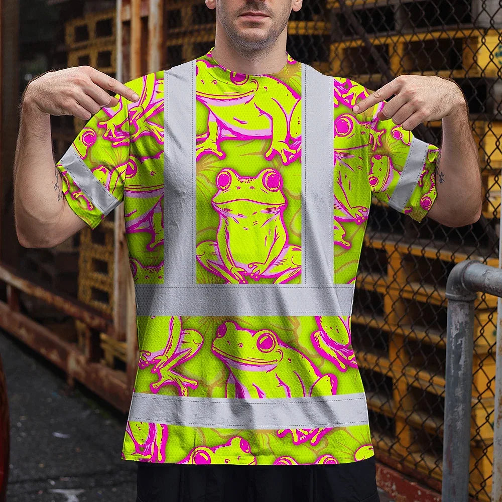 Hi Vis T Shirt Reflective Tapes Pink And Lime Neon Frog Custom Name Safety Workwear For Workers, Truckers, Operators
