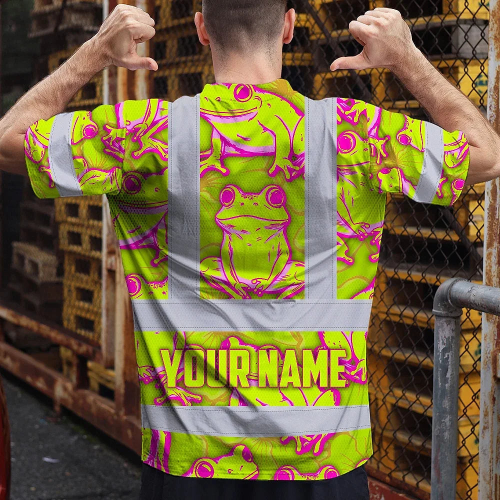 Hi Vis T Shirt Reflective Tapes Pink And Lime Neon Frog Custom Name Safety Workwear For Workers, Truckers, Operators