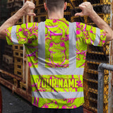 Hi Vis T Shirt Reflective Tapes Pink And Lime Neon Frog Custom Name Safety Workwear For Workers, Truckers, Operators