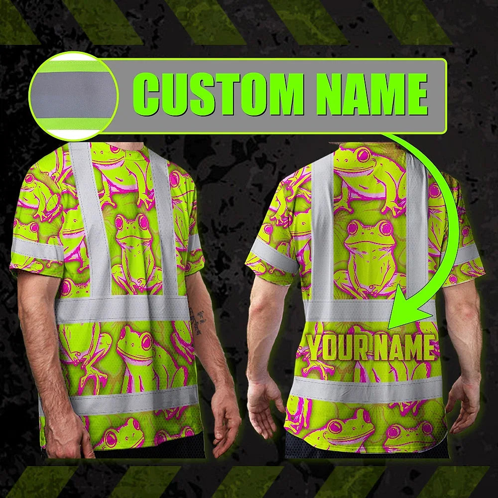 Hi Vis T Shirt Reflective Tapes Pink And Lime Neon Frog Custom Name Safety Workwear For Workers, Truckers, Operators