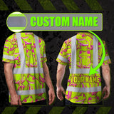 Hi Vis T Shirt Reflective Tapes Pink And Lime Neon Frog Custom Name Safety Workwear For Workers, Truckers, Operators