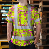 Hi Vis T Shirt Reflective Tapes Pink And Lime Neon Frog Custom Name Safety Workwear For Workers, Truckers, Operators