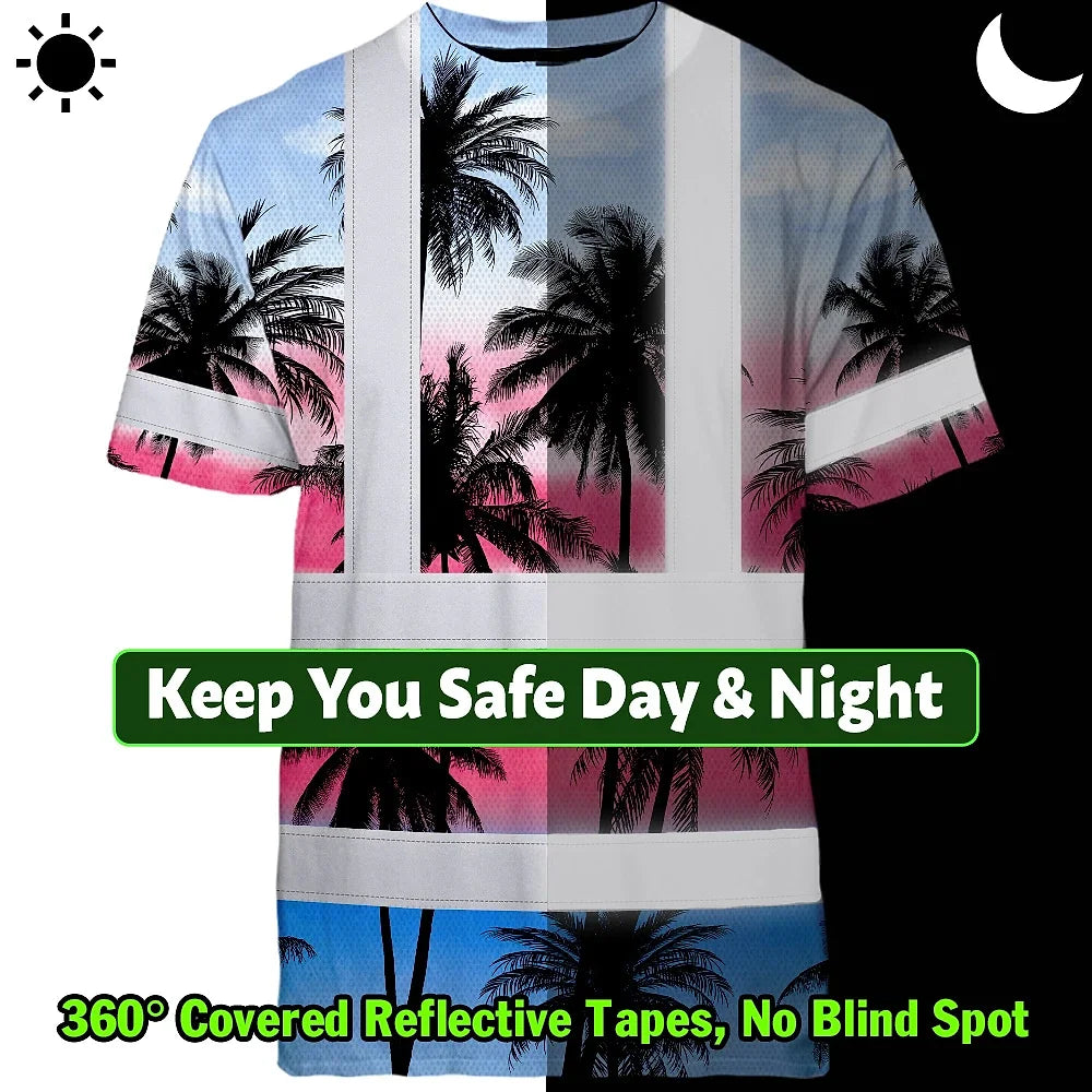 Hi Vis T Shirt Reflective Tapes Pink Blue Coconut Tree Custom Name Safety Workwear For Workers, Truckers, Operators