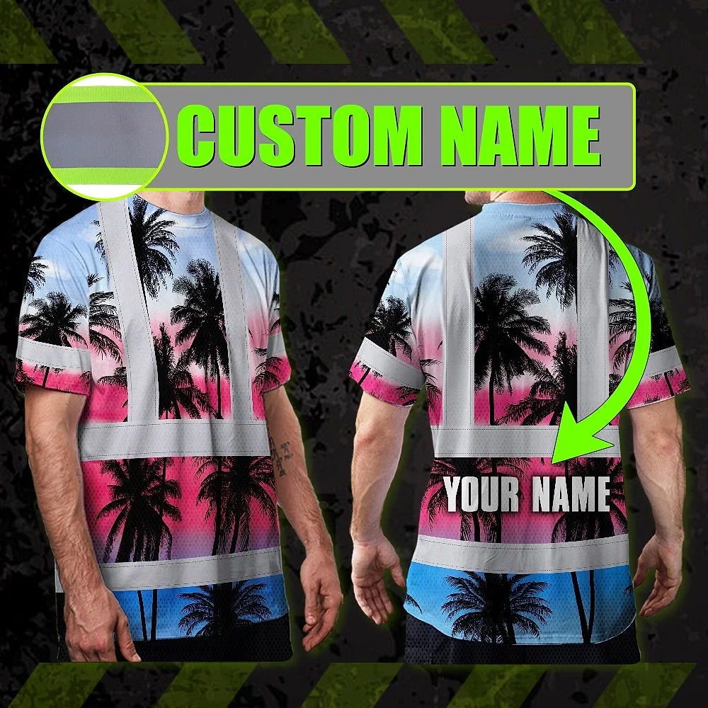 Hi Vis T Shirt Reflective Tapes Pink Blue Coconut Tree Custom Name Safety Workwear For Workers, Truckers, Operators