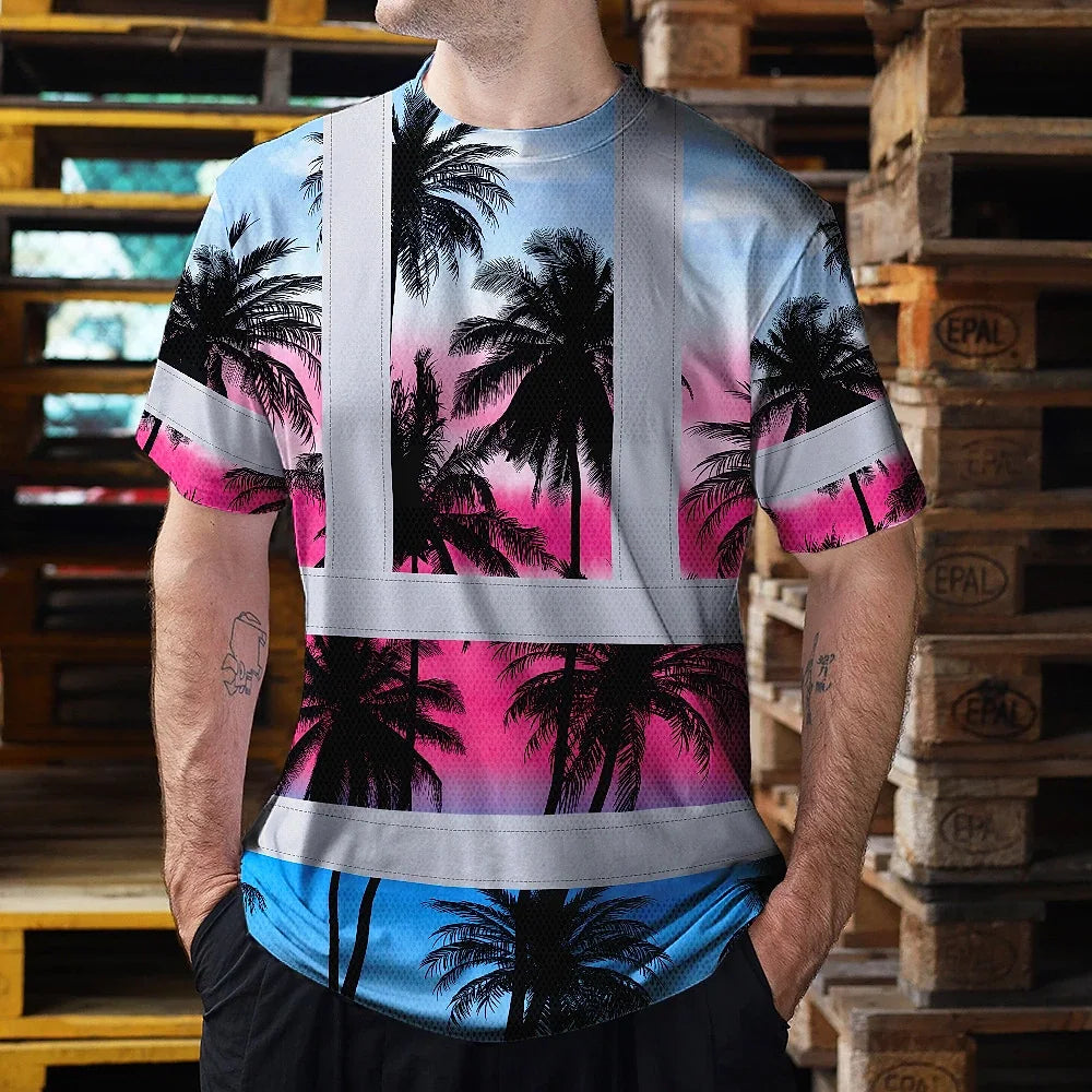 Hi Vis T Shirt Reflective Tapes Pink Blue Coconut Tree Custom Name Safety Workwear For Workers, Truckers, Operators
