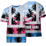 Hi Vis T Shirt Reflective Tapes Pink Blue Coconut Tree Custom Name Safety Workwear For Workers, Truckers, Operators