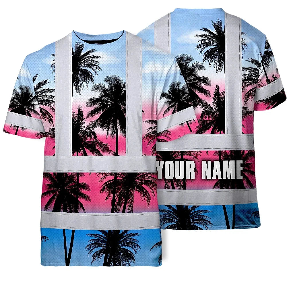 Hi Vis T Shirt Reflective Tapes Pink Blue Coconut Tree Custom Name Safety Workwear For Workers, Truckers, Operators