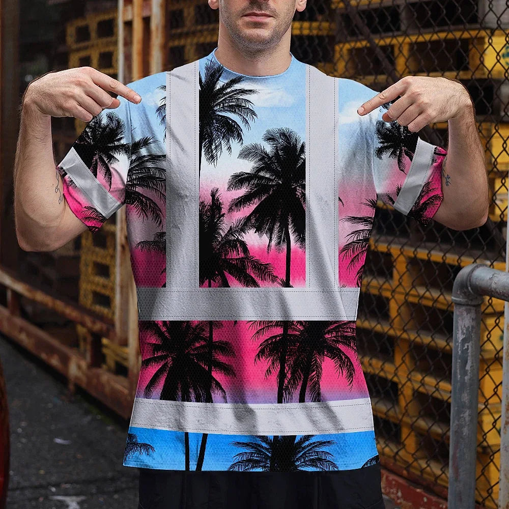 Hi Vis T Shirt Reflective Tapes Pink Blue Coconut Tree Custom Name Safety Workwear For Workers, Truckers, Operators