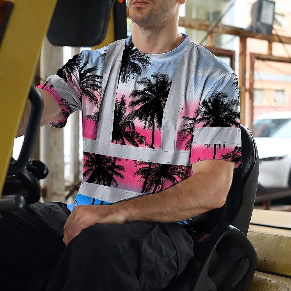 Hi Vis T Shirt Reflective Tapes Pink Blue Coconut Tree Custom Name Safety Workwear For Workers, Truckers, Operators