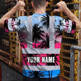 Hi Vis T Shirt Reflective Tapes Pink Blue Coconut Tree Custom Name Safety Workwear For Workers, Truckers, Operators
