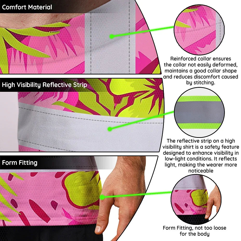 Hi Vis T Shirt Reflective Tapes Pink Neon And Lime Flowers Hawaii Custom Name Safety Workwear For Workers, Truckers, Operators
