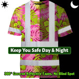 Hi Vis T Shirt Reflective Tapes Pink Neon And Lime Flowers Hawaii Custom Name Safety Workwear For Workers, Truckers, Operators