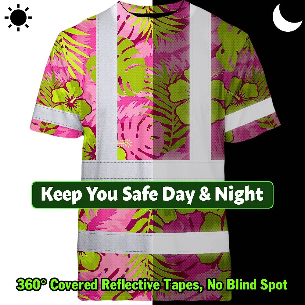 Hi Vis T Shirt Reflective Tapes Pink Neon And Lime Flowers Hawaii Custom Name Safety Workwear For Workers, Truckers, Operators