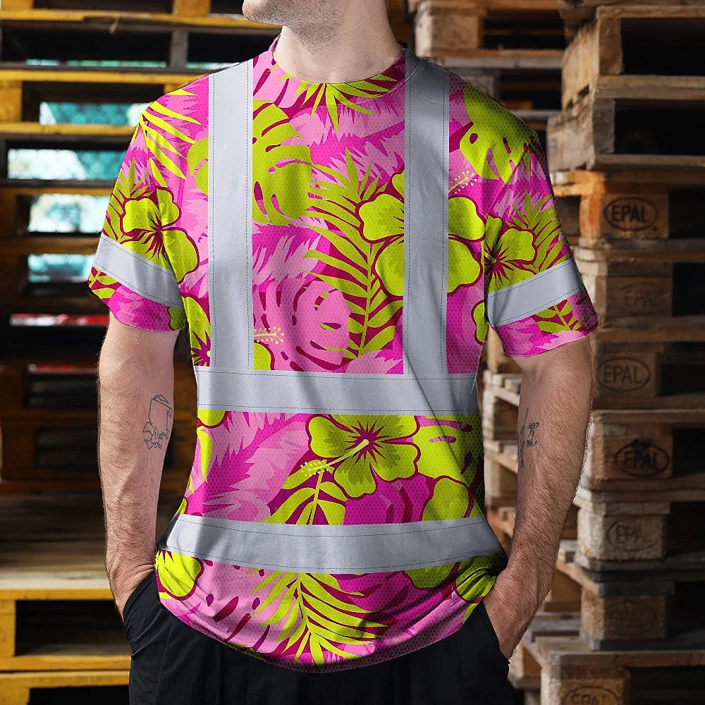 Hi Vis T Shirt Reflective Tapes Pink Neon And Lime Flowers Hawaii Custom Name Safety Workwear For Workers, Truckers, Operators