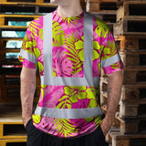 Hi Vis T Shirt Reflective Tapes Pink Neon And Lime Flowers Hawaii Custom Name Safety Workwear For Workers, Truckers, Operators