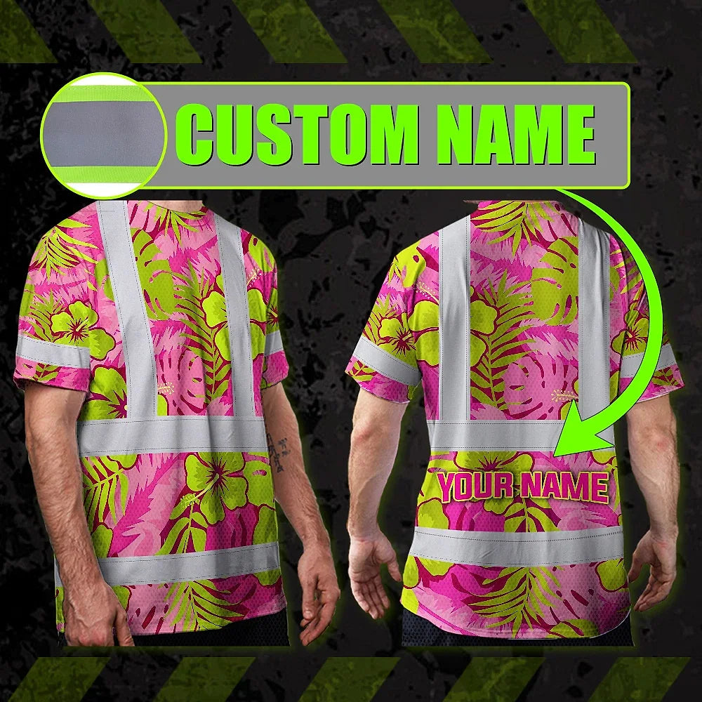 Hi Vis T Shirt Reflective Tapes Pink Neon And Lime Flowers Hawaii Custom Name Safety Workwear For Workers, Truckers, Operators