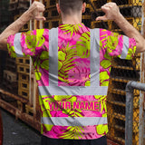 Hi Vis T Shirt Reflective Tapes Pink Neon And Lime Flowers Hawaii Custom Name Safety Workwear For Workers, Truckers, Operators