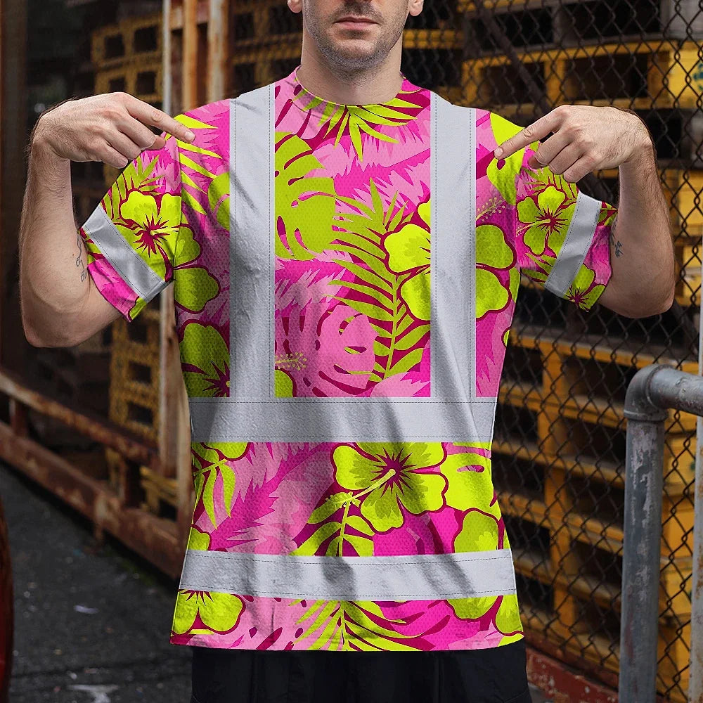 Hi Vis T Shirt Reflective Tapes Pink Neon And Lime Flowers Hawaii Custom Name Safety Workwear For Workers, Truckers, Operators