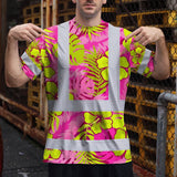 Hi Vis T Shirt Reflective Tapes Pink Neon And Lime Flowers Hawaii Custom Name Safety Workwear For Workers, Truckers, Operators