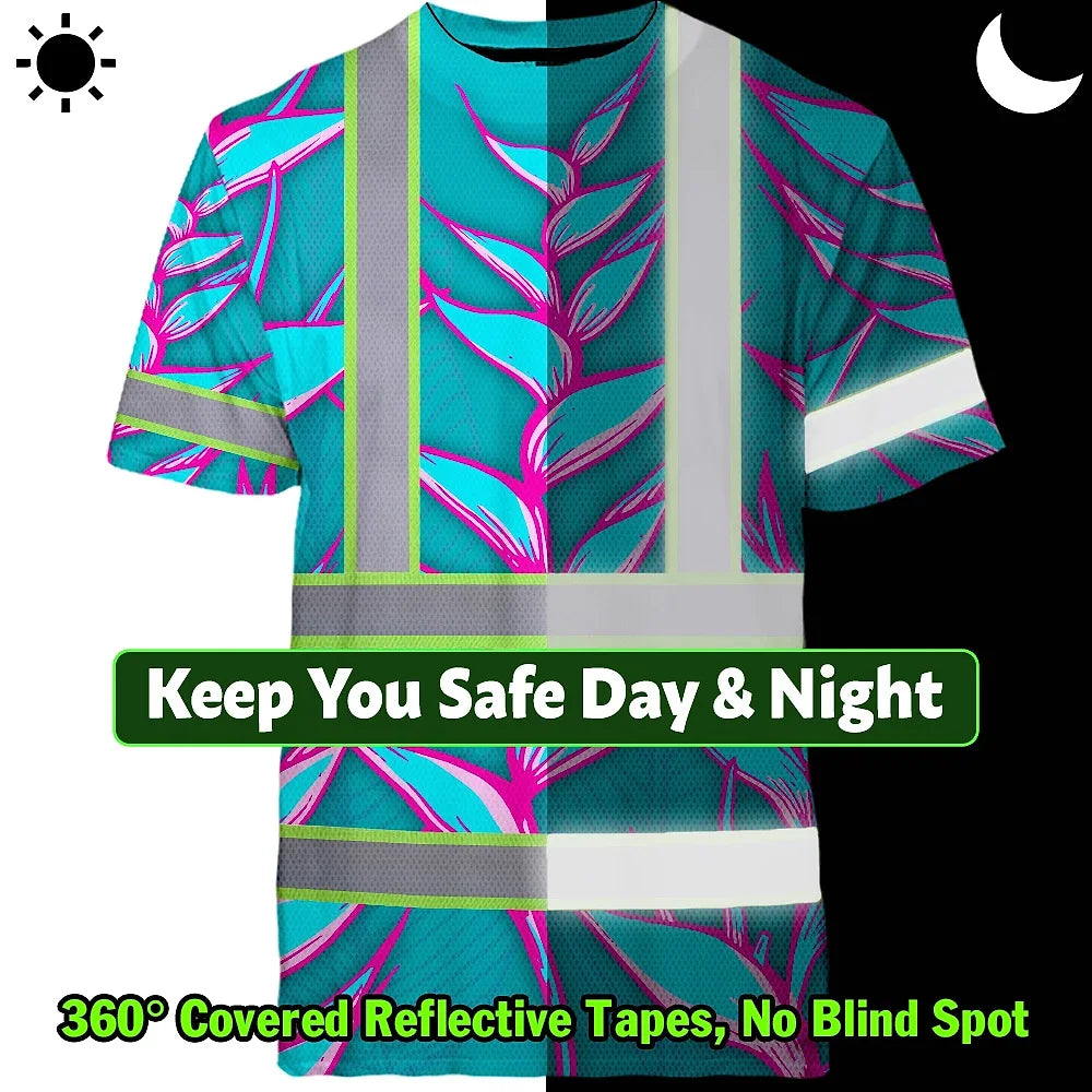 Hi Vis T Shirt Reflective Tapes Pink Neon Blue Heliconia Custom Name Safety Workwear For Workers, Truckers, Operators