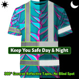 Hi Vis T Shirt Reflective Tapes Pink Neon Blue Heliconia Custom Name Safety Workwear For Workers, Truckers, Operators