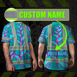 Hi Vis T Shirt Reflective Tapes Pink Neon Blue Heliconia Custom Name Safety Workwear For Workers, Truckers, Operators