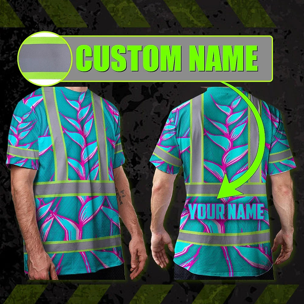 Hi Vis T Shirt Reflective Tapes Pink Neon Blue Heliconia Custom Name Safety Workwear For Workers, Truckers, Operators