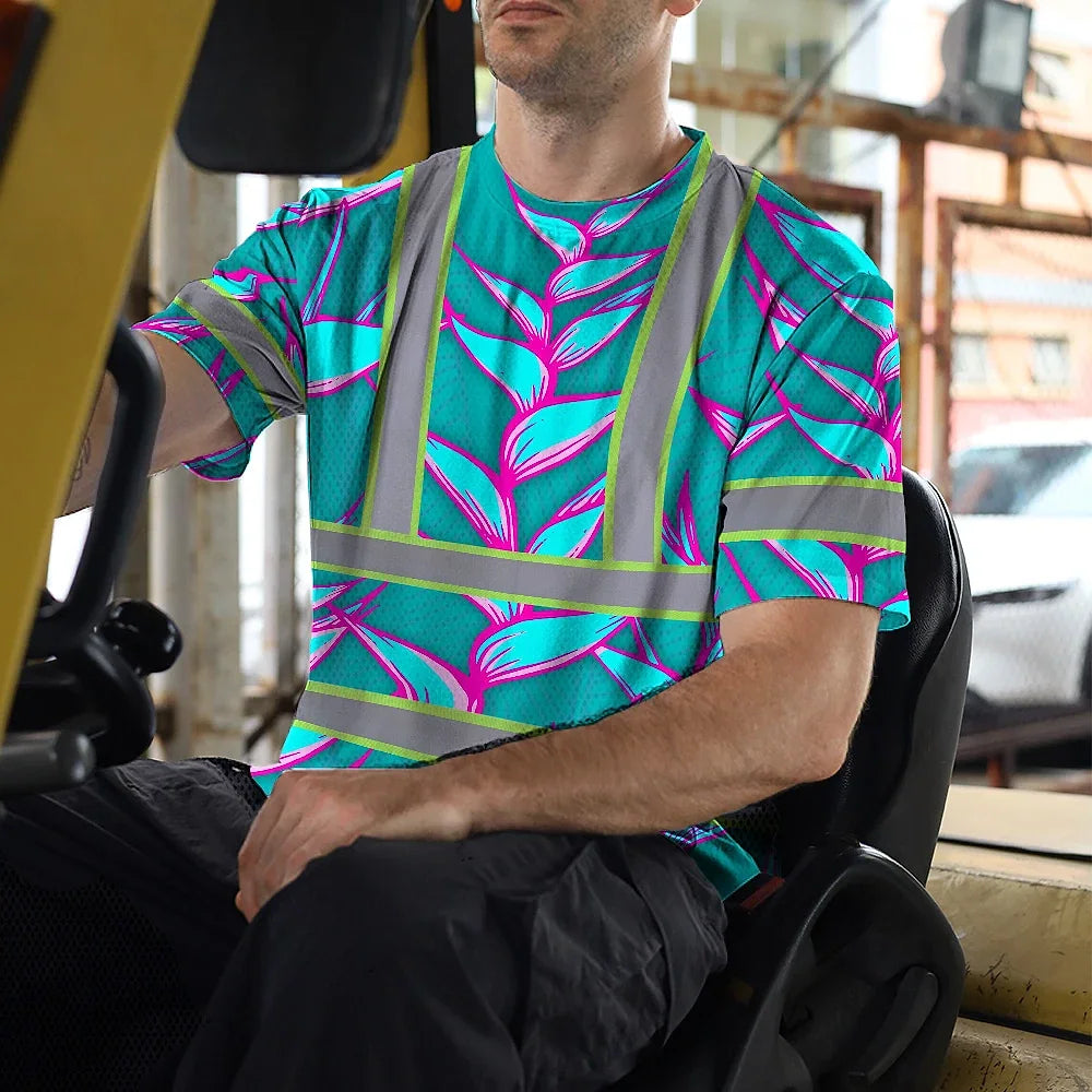 Hi Vis T Shirt Reflective Tapes Pink Neon Blue Heliconia Custom Name Safety Workwear For Workers, Truckers, Operators