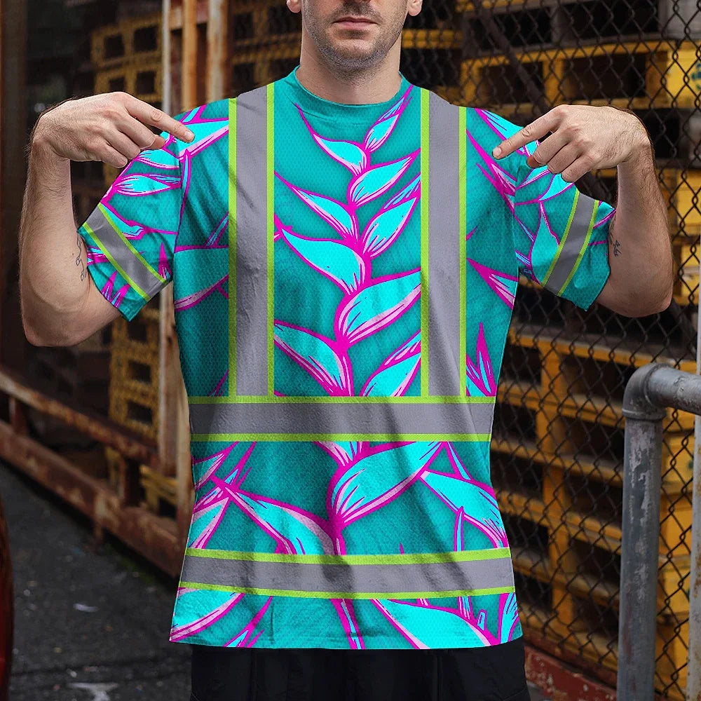 Hi Vis T Shirt Reflective Tapes Pink Neon Blue Heliconia Custom Name Safety Workwear For Workers, Truckers, Operators