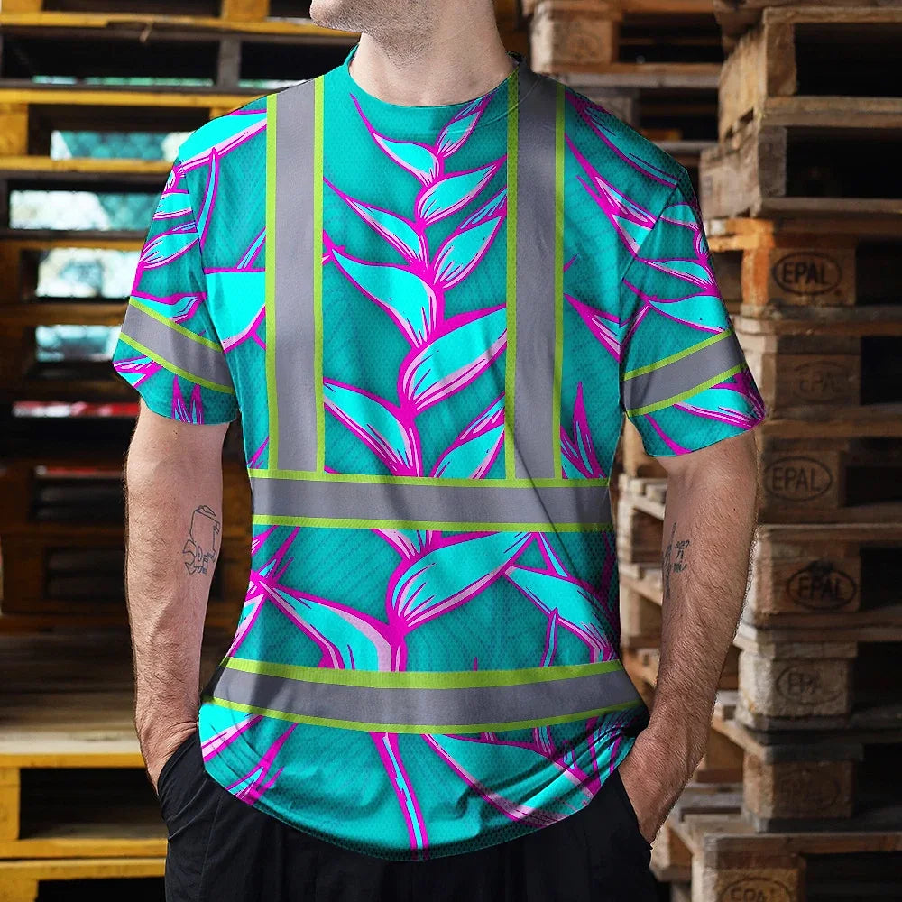 Hi Vis T Shirt Reflective Tapes Pink Neon Blue Heliconia Custom Name Safety Workwear For Workers, Truckers, Operators