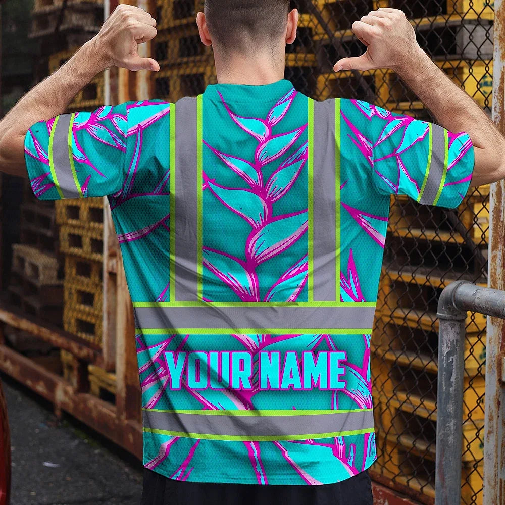 Hi Vis T Shirt Reflective Tapes Pink Neon Blue Heliconia Custom Name Safety Workwear For Workers, Truckers, Operators