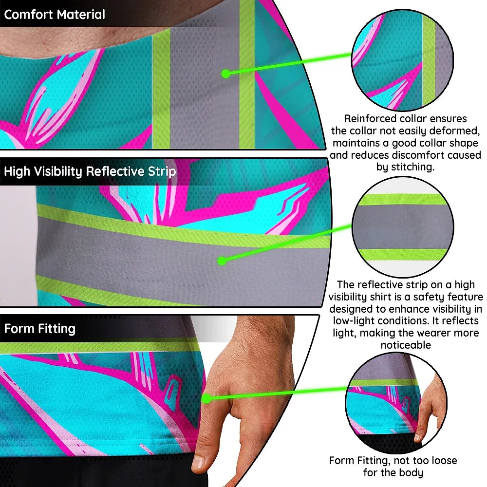 Hi Vis T Shirt Reflective Tapes Pink Neon Blue Heliconia Custom Name Safety Workwear For Workers, Truckers, Operators