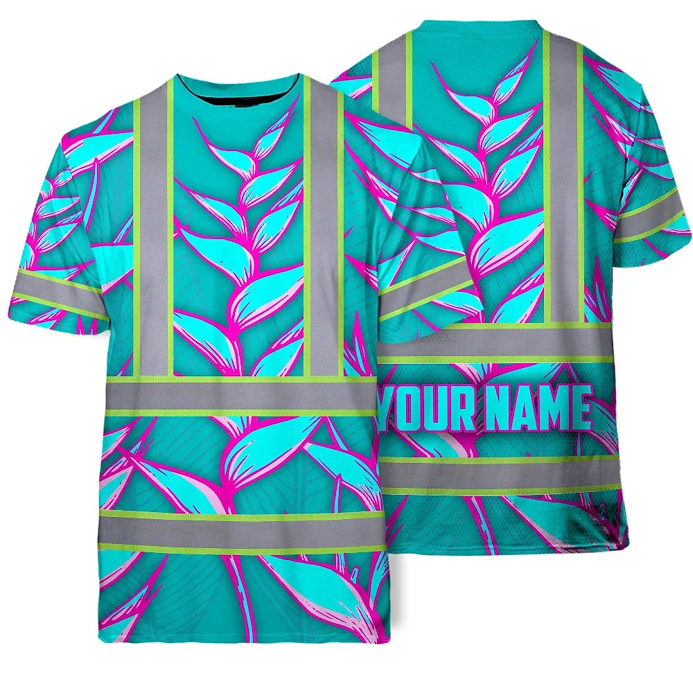 Hi Vis T Shirt Reflective Tapes Pink Neon Blue Heliconia Custom Name Safety Workwear For Workers, Truckers, Operators