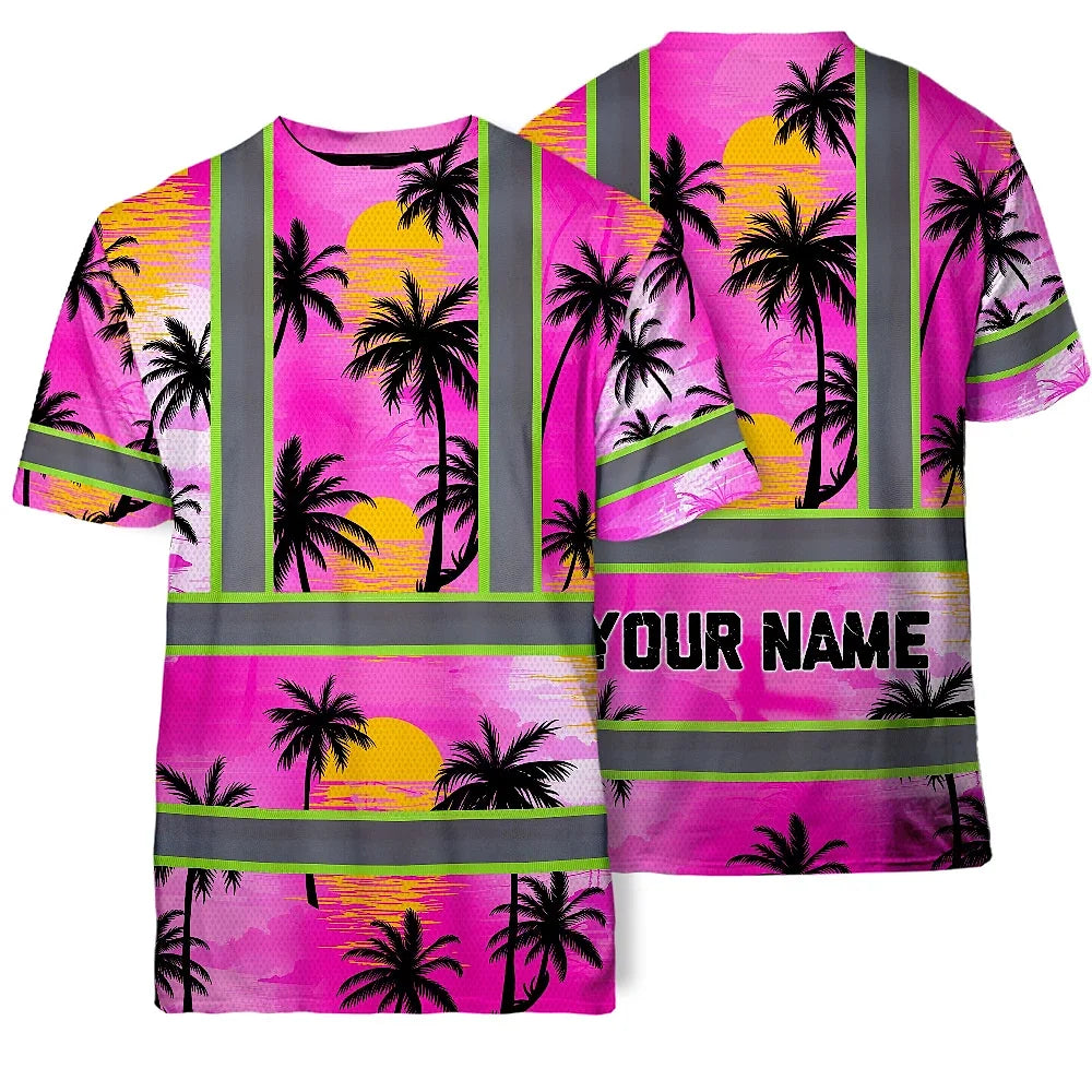 Hi Vis T Shirt Reflective Tapes Pink Neon Flowers Custom Name