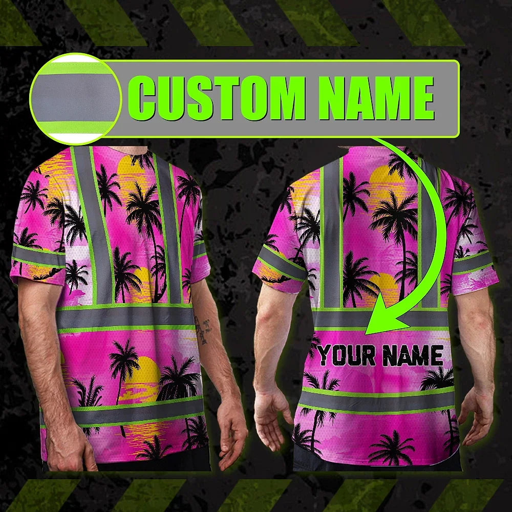 Hi Vis T Shirt Reflective Tapes Pink Neon Flowers Custom Name