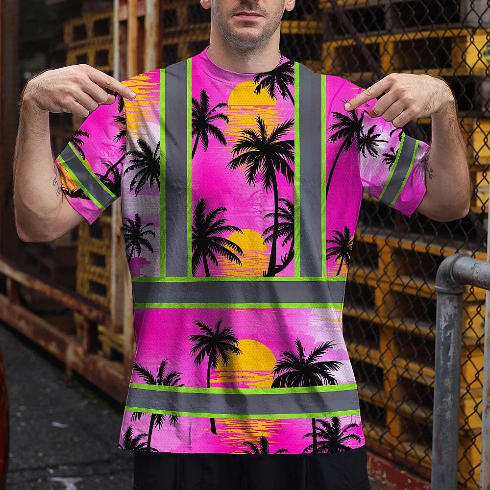 Hi Vis T Shirt Reflective Tapes Pink Neon Flowers Custom Name