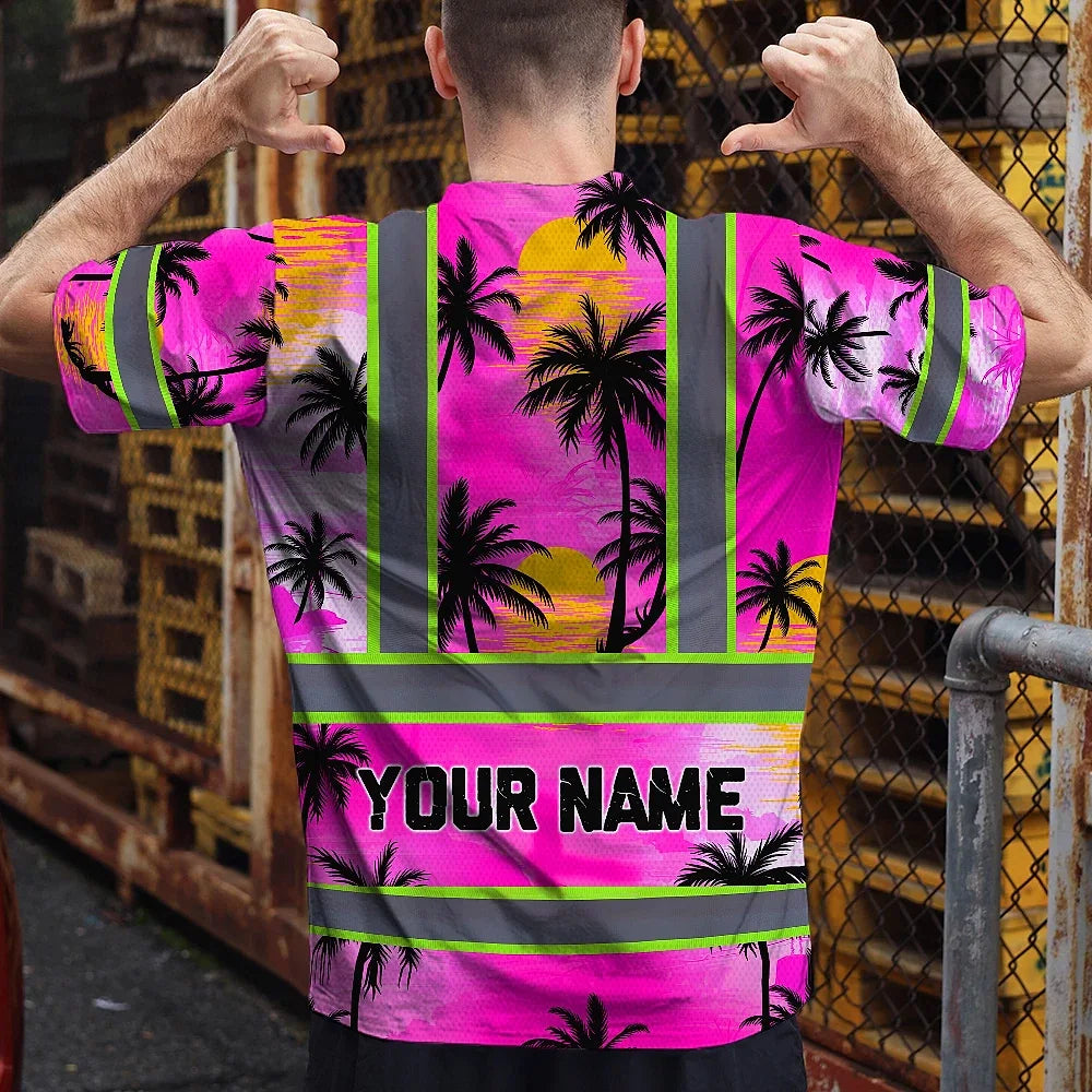 Hi Vis T Shirt Reflective Tapes Pink Neon Flowers Custom Name