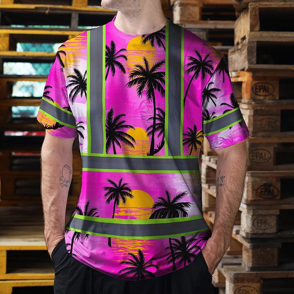 Hi Vis T Shirt Reflective Tapes Pink Neon Flowers Custom Name