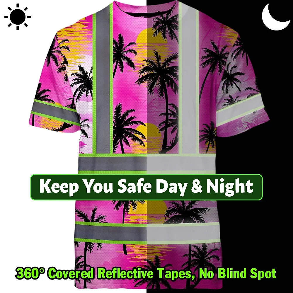 Hi Vis T Shirt Reflective Tapes Pink Neon Flowers Custom Name