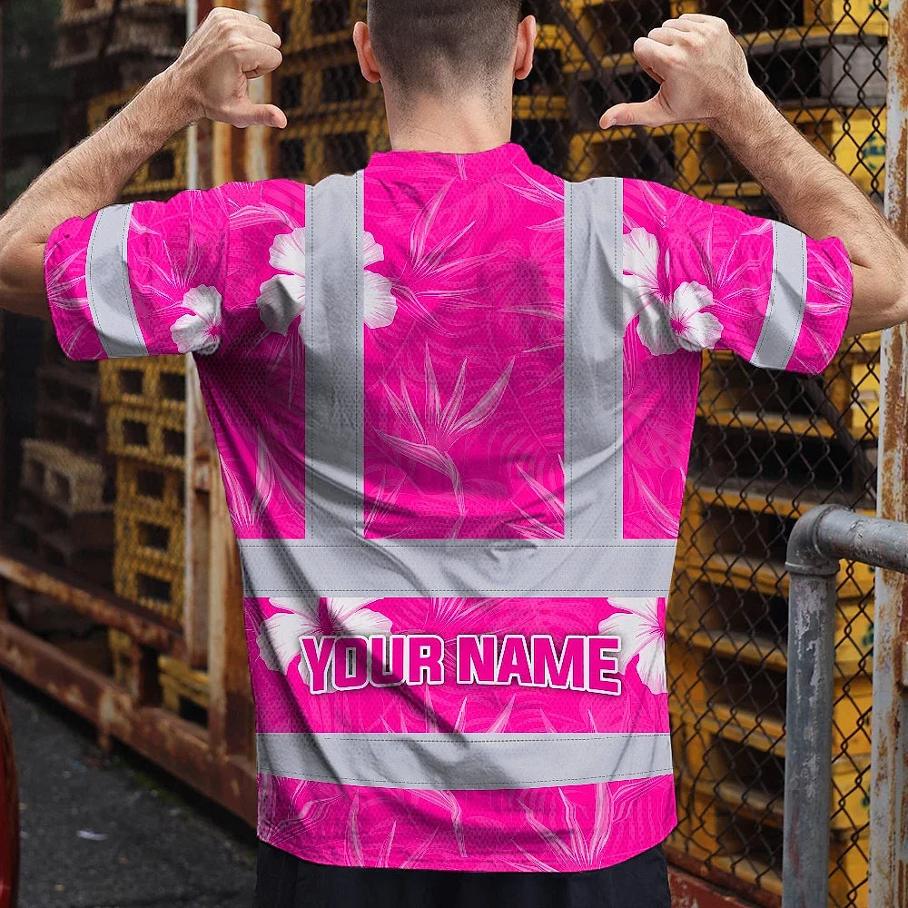 Hi Vis T Shirt Reflective Tapes Pink Neon Flowers Hawaii Custom Name Safety Workwear For Workers, Truckers, Operators
