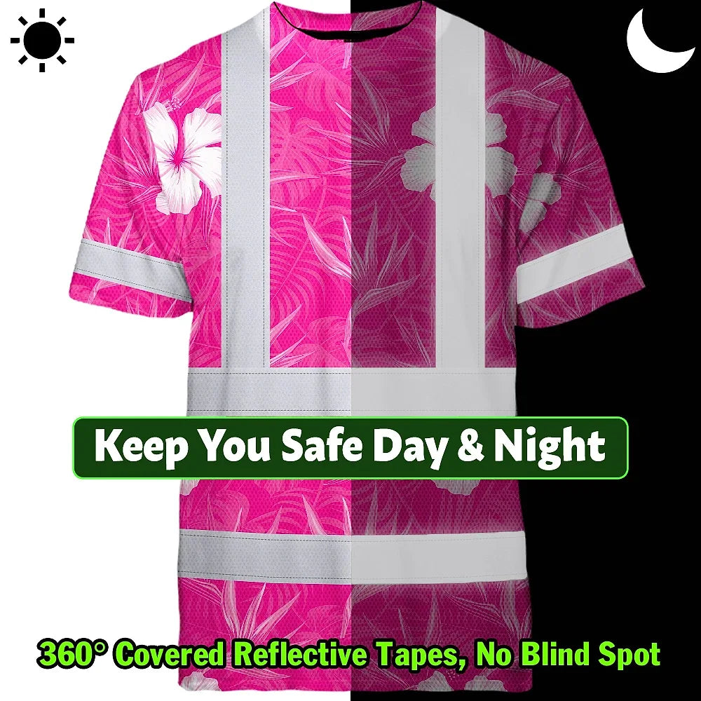 Hi Vis T Shirt Reflective Tapes Pink Neon Flowers Hawaii Custom Name Safety Workwear For Workers, Truckers, Operators