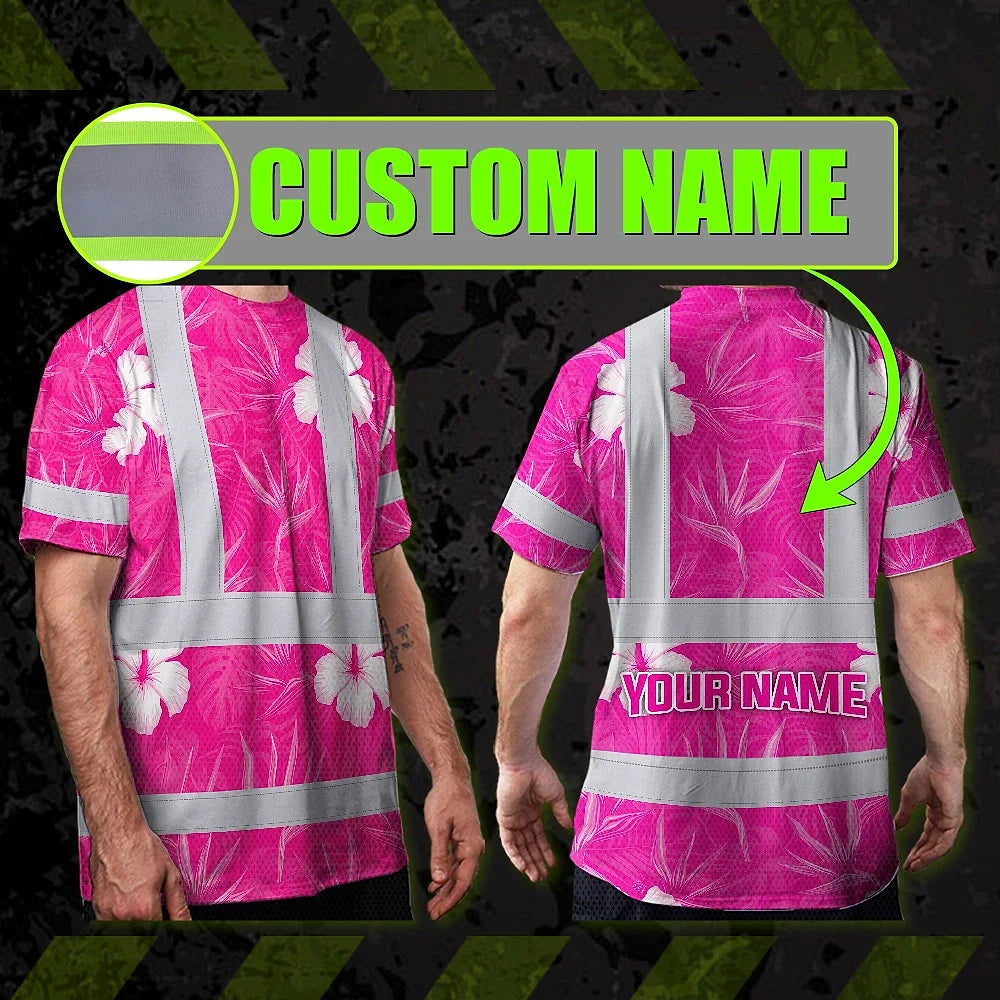 Hi Vis T Shirt Reflective Tapes Pink Neon Flowers Hawaii Custom Name Safety Workwear For Workers, Truckers, Operators