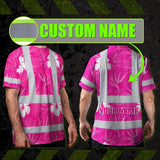 Hi Vis T Shirt Reflective Tapes Pink Neon Flowers Hawaii Custom Name Safety Workwear For Workers, Truckers, Operators