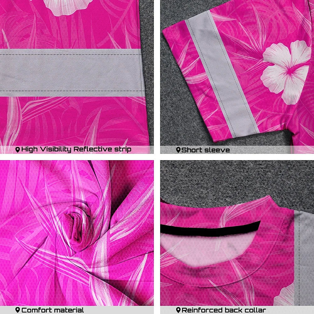 Hi Vis T Shirt Reflective Tapes Pink Neon Flowers Hawaii Custom Name Safety Workwear For Workers, Truckers, Operators