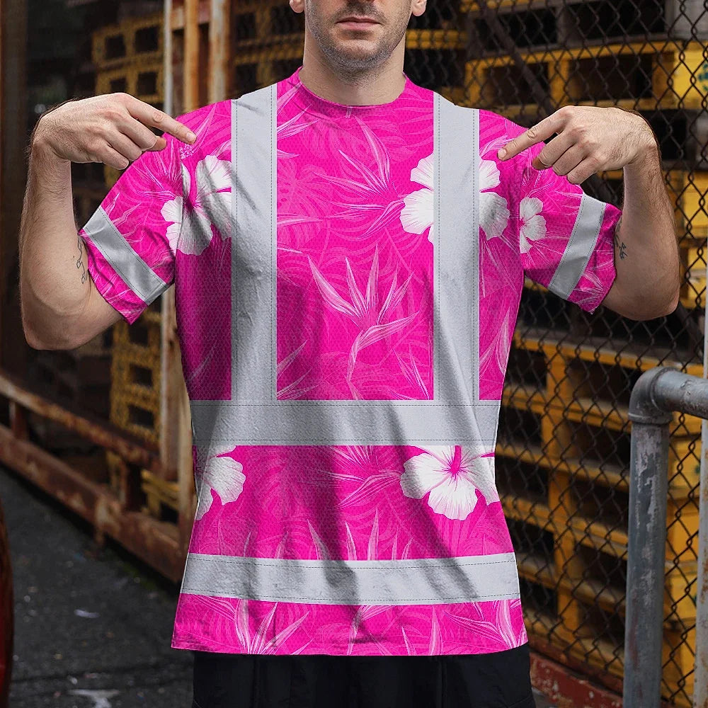 Hi Vis T Shirt Reflective Tapes Pink Neon Flowers Hawaii Custom Name Safety Workwear For Workers, Truckers, Operators