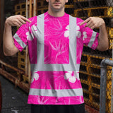 Hi Vis T Shirt Reflective Tapes Pink Neon Flowers Hawaii Custom Name Safety Workwear For Workers, Truckers, Operators